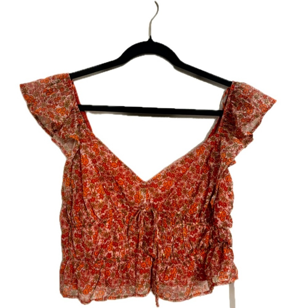 SIENNA SKY SIZE XL FLORAL RUFFLE SLEEVE CROPPED DRAWSTRING BLOUSE RED MULTI